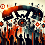 Imagen editorial de convocatoria y colaboración para startups con siluetas de personas y manos alzadas en paleta de colores naranja y negro del Ecosistema Startup