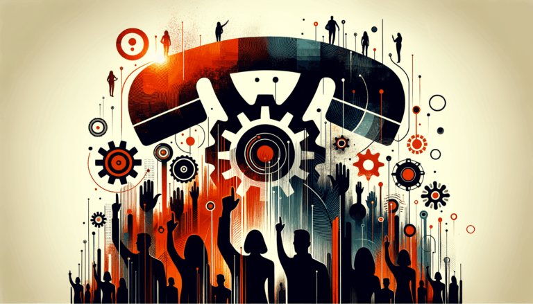 Imagen editorial de convocatoria y colaboración para startups con siluetas de personas y manos alzadas en paleta de colores naranja y negro del Ecosistema Startup