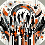 Imagen editorial de convocatoria y colaboración en startups con siluetas de personas y manos alzadas en colores naranja y negro de Ecosistema Startup