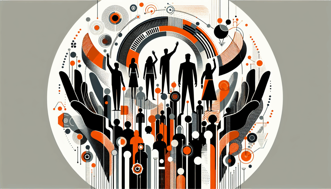 Imagen editorial de convocatoria y colaboración en startups con siluetas de personas y manos alzadas en colores naranja y negro de Ecosistema Startup