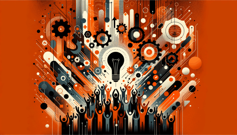 Imagen editorial que representa convocatorias y colaboración en startups con paleta de colores naranja y negro del Ecosistema Startup