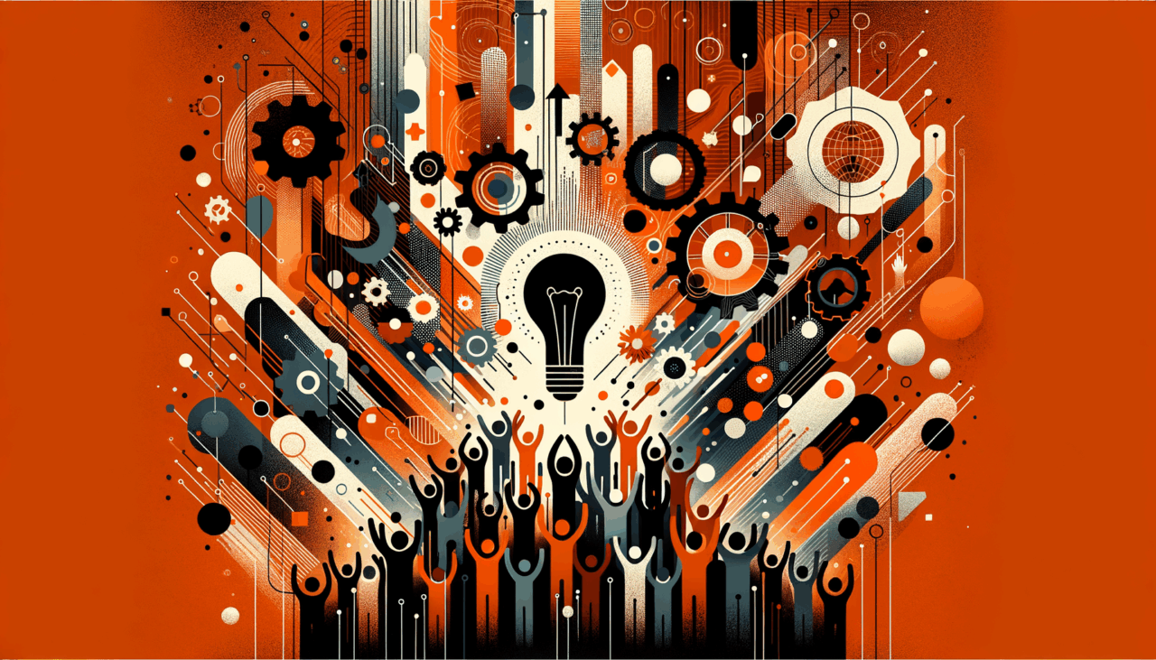 Imagen editorial que representa convocatorias y colaboración en startups con paleta de colores naranja y negro del Ecosistema Startup