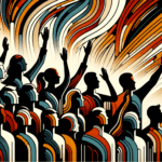 Convocatoria colaborativa en ecosistema startup con siluetas de personas y manos alzadas en colores naranja y negro