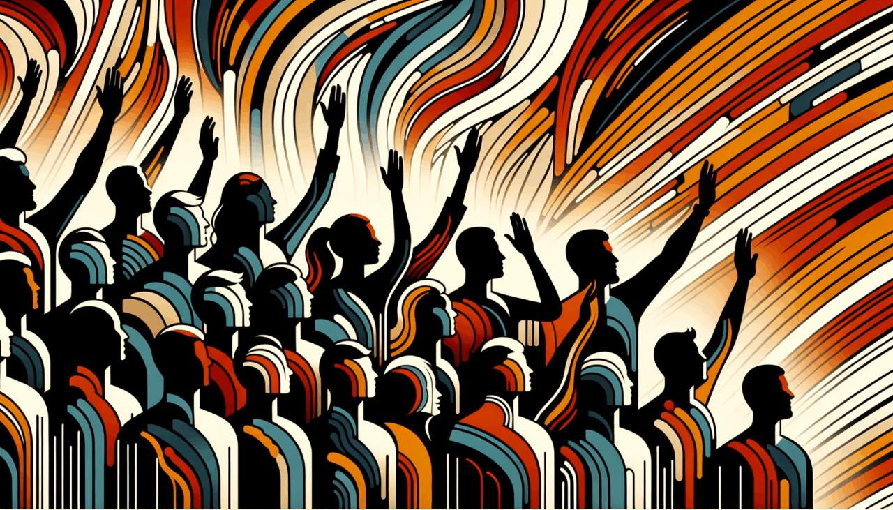 Convocatoria colaborativa en ecosistema startup con siluetas de personas y manos alzadas en colores naranja y negro