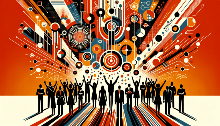 Convocatoria y comunidad colaborativa en startup tecnológica con siluetas y paleta naranja y negro Ecosistema Startup