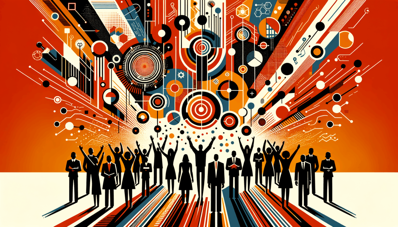 Convocatoria y comunidad colaborativa en startup tecnológica con siluetas y paleta naranja y negro Ecosistema Startup