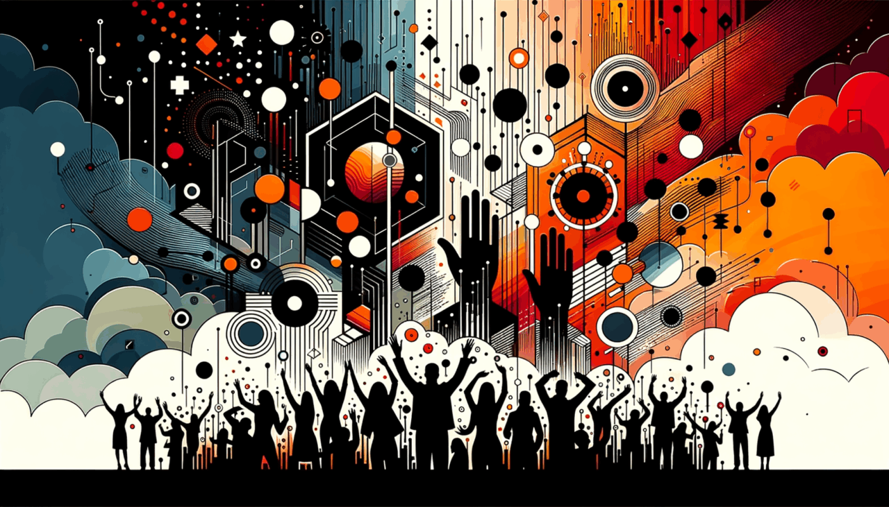 Convocatoria y comunidad en ecosistema startup con siluetas colaborando y colores naranja y negro