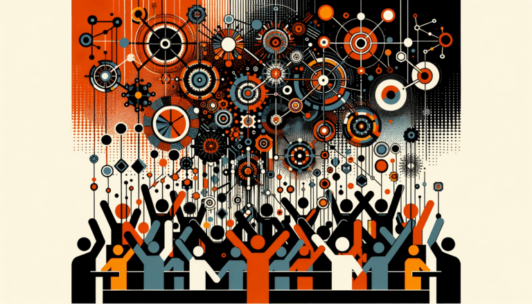 Siluetas colaborando en convocatoria de comunidad startup con paleta naranja y negro Ecosistema Startup