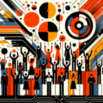 Imagen editorial de convocatoria y comunidad en startup tecnológica con siluetas colaborando y paleta naranja y negro Ecosistema Startup