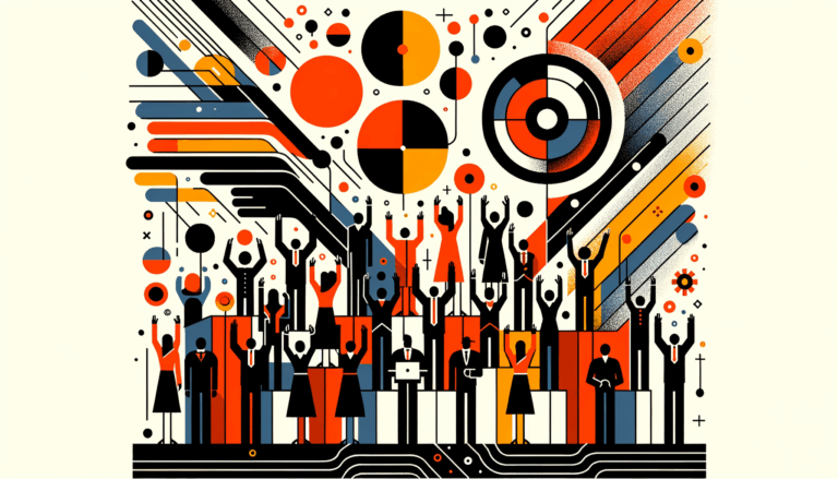 Imagen editorial de convocatoria y comunidad en startup tecnológica con siluetas colaborando y paleta naranja y negro Ecosistema Startup