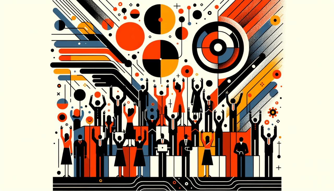 Imagen editorial de convocatoria y comunidad en startup tecnológica con siluetas colaborando y paleta naranja y negro Ecosistema Startup