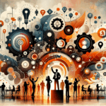 Personas colaborando en convocatoria startup con colores naranja y negro del Ecosistema Startup, simbolizando comunidad y nuevas oportunidades