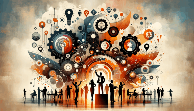 Personas colaborando en convocatoria startup con colores naranja y negro del Ecosistema Startup, simbolizando comunidad y nuevas oportunidades