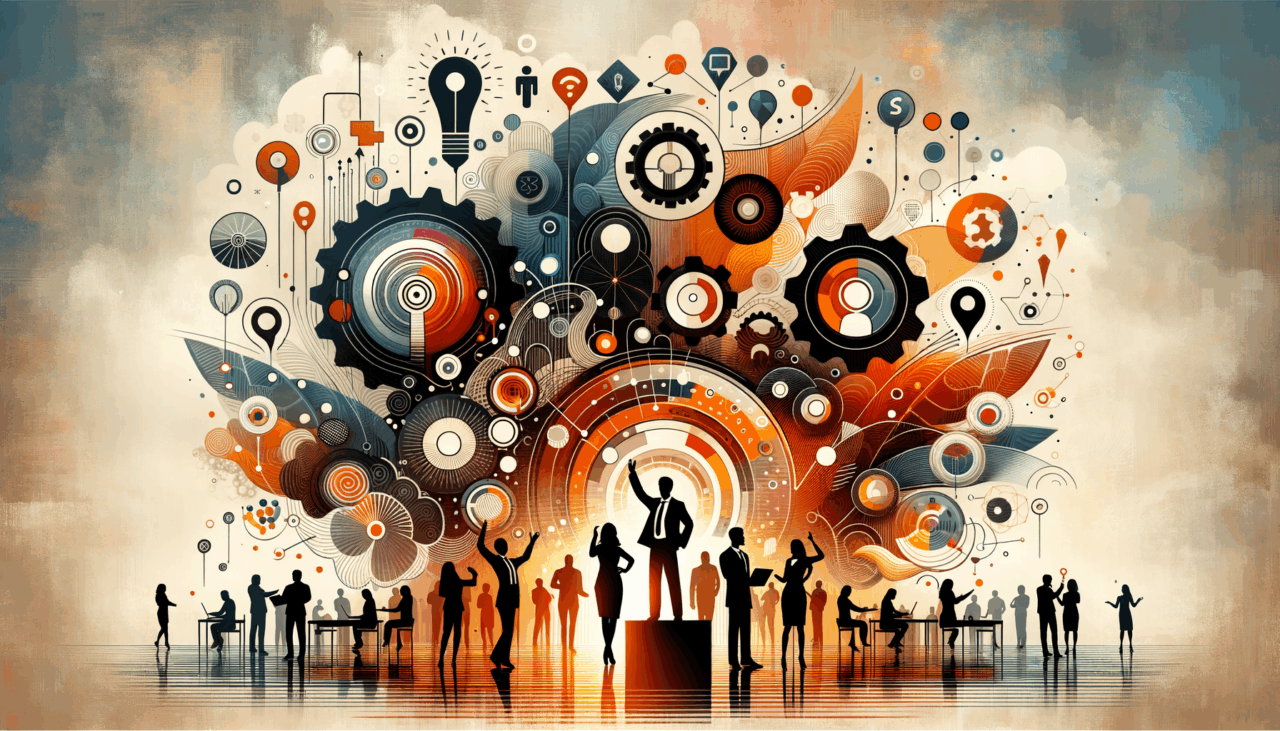 Personas colaborando en convocatoria startup con colores naranja y negro del Ecosistema Startup, simbolizando comunidad y nuevas oportunidades