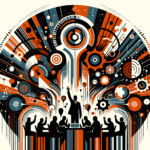 Siluetas colaborando en convocatoria startup con paleta de naranja, negro y blanco para ecosistema tecnológico