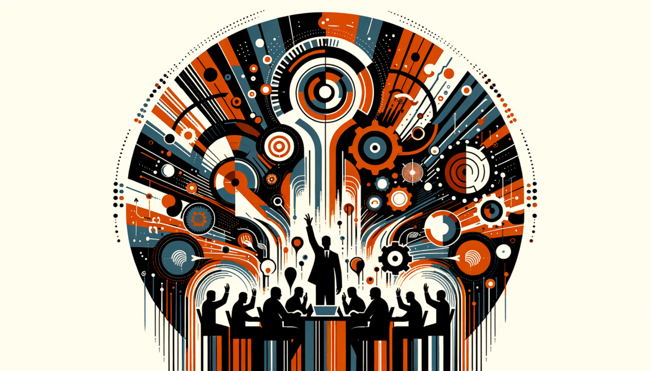 Siluetas colaborando en convocatoria startup con paleta de naranja, negro y blanco para ecosistema tecnológico