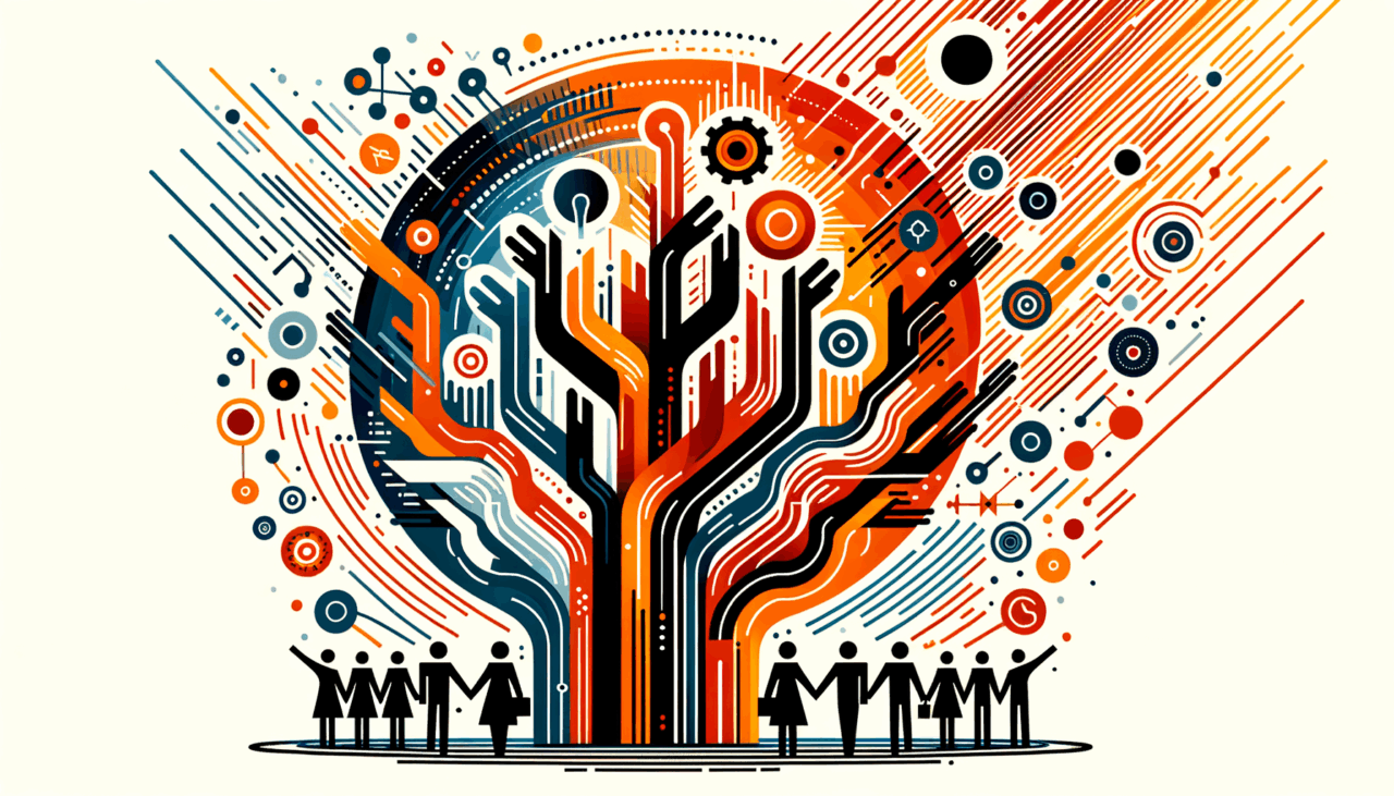 Siluetas colaborando en convocatoria de startup tecnológica con colores naranja y negro del Ecosistema Startup