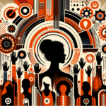 Escena abstracta con personas levantando las manos y símbolos de colaboración en colores naranja y negro para convocatorias de startups y comunidad tecnológica