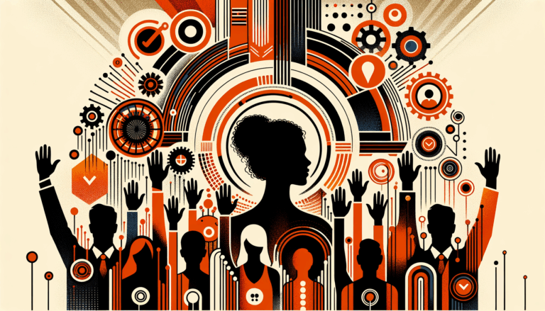 Escena abstracta con personas levantando las manos y símbolos de colaboración en colores naranja y negro para convocatorias de startups y comunidad tecnológica