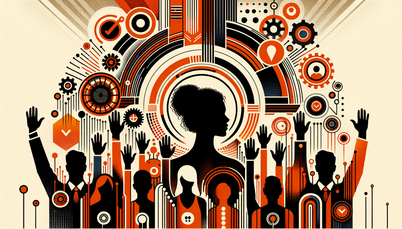 Escena abstracta con personas levantando las manos y símbolos de colaboración en colores naranja y negro para convocatorias de startups y comunidad tecnológica