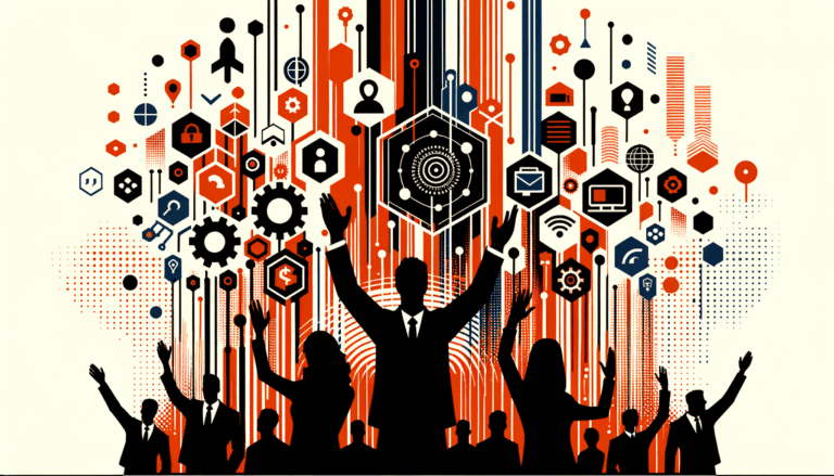 Convocatoria para startups mostrando colaboración y comunidad con siluetas y manos alzadas en colores naranja y negro Ecosistema Startup