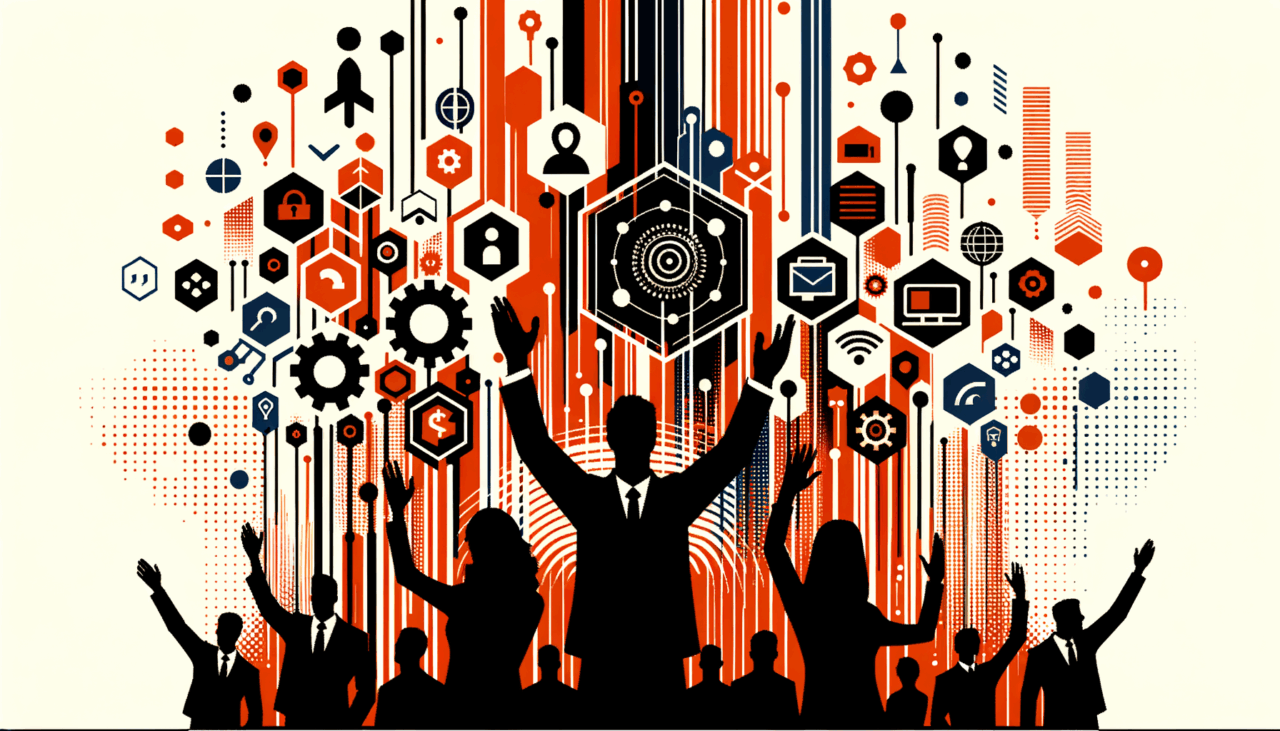 Convocatoria para startups mostrando colaboración y comunidad con siluetas y manos alzadas en colores naranja y negro Ecosistema Startup