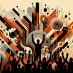 Convocatoria para startups, colaboración y comunidad en ecosistema tecnológico con paleta de colores naranja y negro