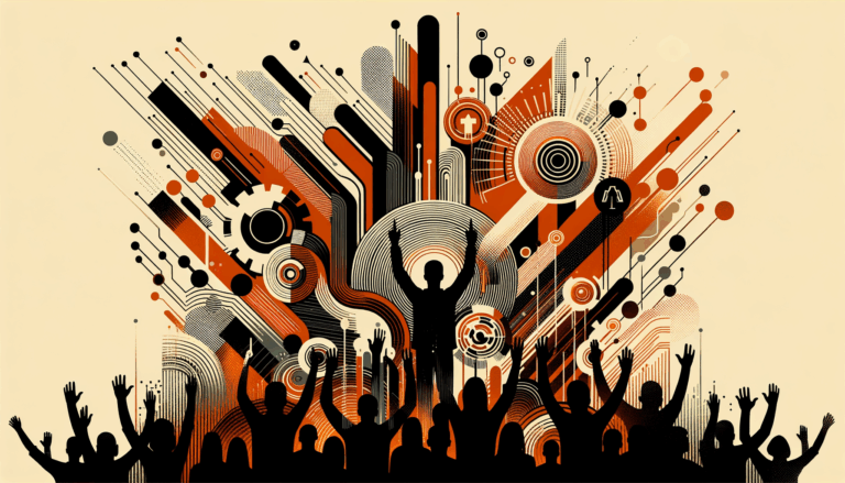 Convocatoria para startups, colaboración y comunidad en ecosistema tecnológico con paleta de colores naranja y negro