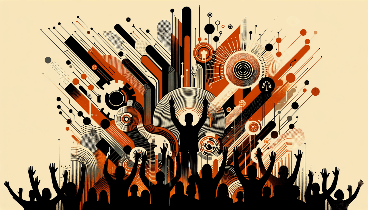 Convocatoria para startups, colaboración y comunidad en ecosistema tecnológico con paleta de colores naranja y negro