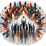 Convocatoria de startups con colaboración comunitaria y nuevas oportunidades, ilustración en paleta naranja, negro y blanco de Ecosistema Startup