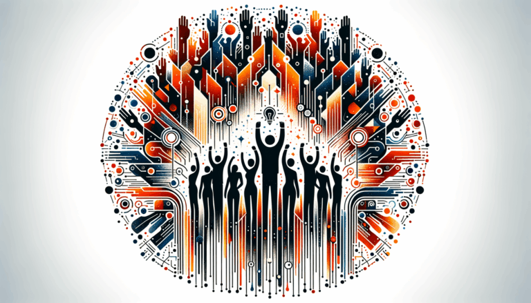 Convocatoria de startups con colaboración comunitaria y nuevas oportunidades, ilustración en paleta naranja, negro y blanco de Ecosistema Startup