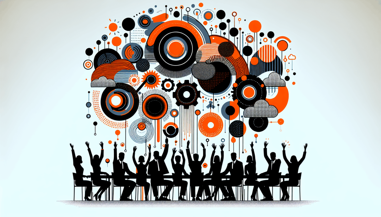 Convocatoria para startups con comunidad colaborativa y oportunidades, ilustración con siluetas y paleta de colores naranja y negro Ecosistema Startup