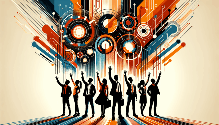 Convocatoria de startups con comunidad colaborativa y manos alzadas, colores naranja y negro Ecosistema Startup en imagen editorial tecnológica