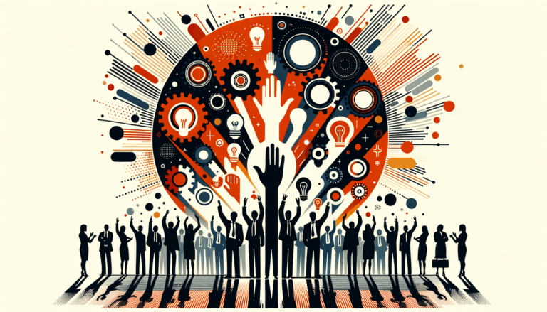 Convocatoria tecnológica para startups mostrando comunidad y colaboración en colores naranja y negro de Ecosistema Startup