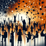 Imagen editorial que representa convocatorias y colaboración en startups con siluetas de personas y símbolos de networking en colores naranja y negro Ecosistema Startup