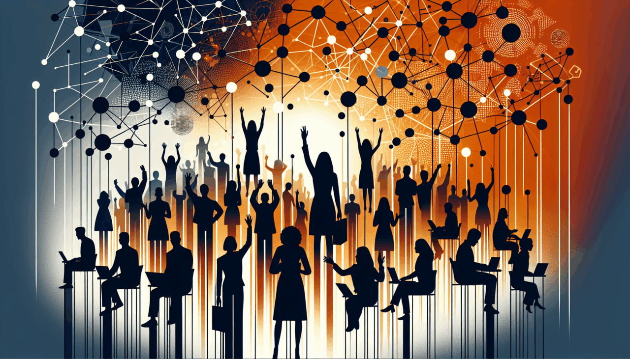 Imagen editorial que representa convocatorias y colaboración en startups con siluetas de personas y símbolos de networking en colores naranja y negro Ecosistema Startup