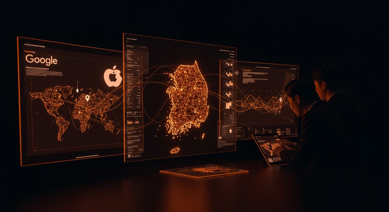 Mapa digital de alta resolución de Corea del Sur con análisis gubernamental, representando la regulación de Google Maps y Apple mapas en el contexto tecnológico.
