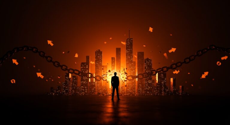 Impacto económico del antisemitismo en empresas representado por líder empresarial y cadenas digitales rotas en ciudad fragmentada con paleta naranja y negra.