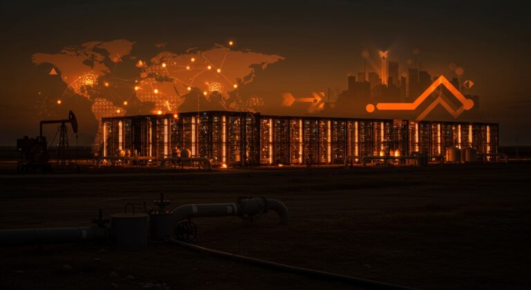 Centro de datos de IA en Texas con consumo de gas natural representando el impacto ambiental y la competencia tecnológica con China.