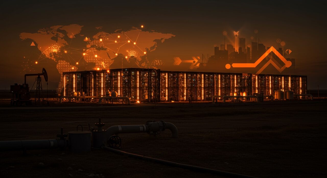 Centro de datos de IA en Texas con consumo de gas natural representando el impacto ambiental y la competencia tecnológica con China.