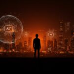 Temor a una burbuja de inteligencia artificial en Silicon Valley con símbolos digitales y flujos de inversión en IA en tonos naranja y negro.