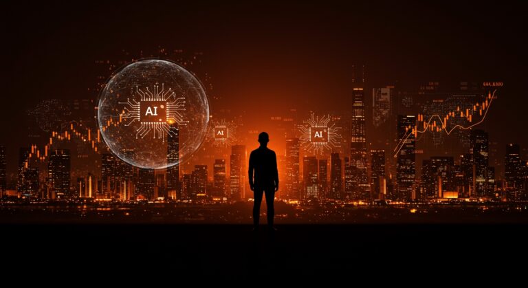 Temor a una burbuja de inteligencia artificial en Silicon Valley con símbolos digitales y flujos de inversión en IA en tonos naranja y negro.