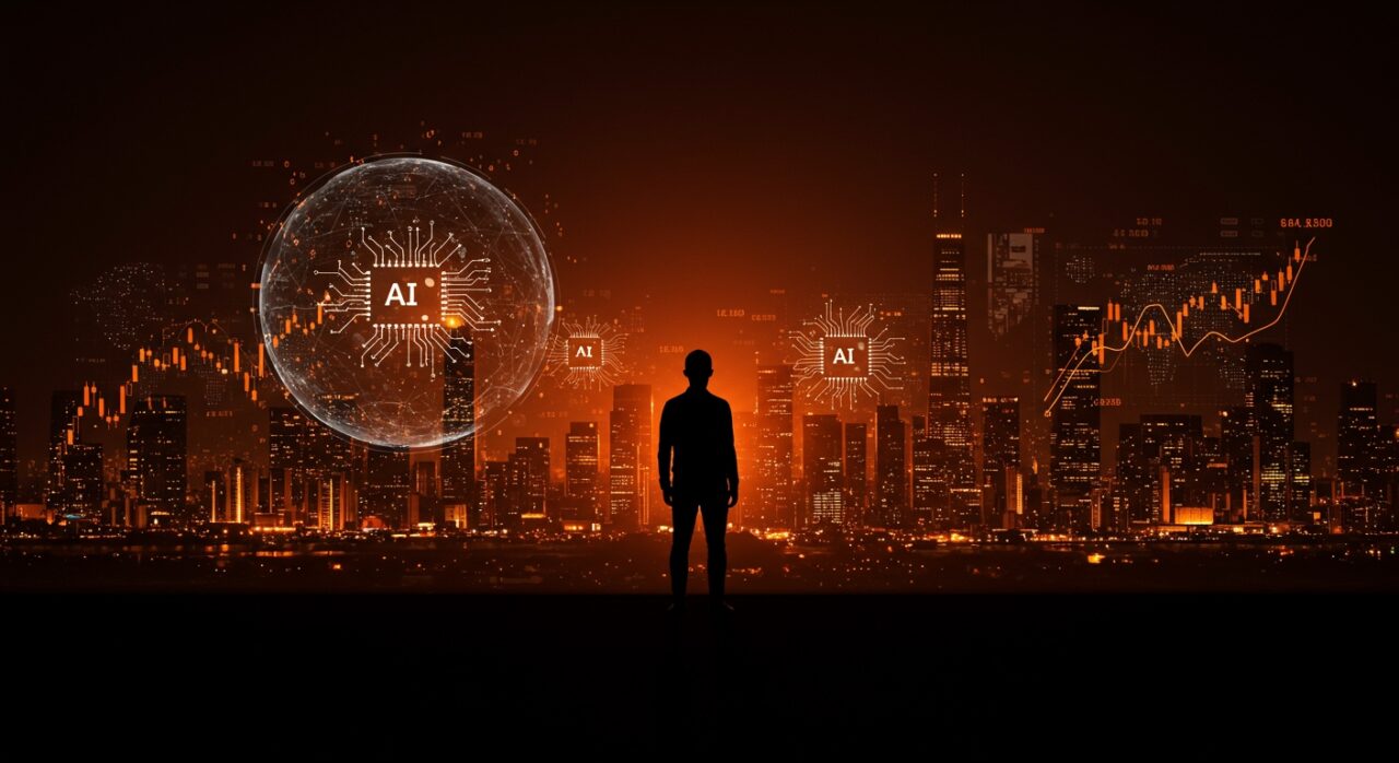 Temor a una burbuja de inteligencia artificial en Silicon Valley con símbolos digitales y flujos de inversión en IA en tonos naranja y negro.