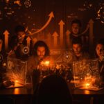 Startup latinoamericana colaborando con interfaces digitales que representan la adopción y retos éticos de la inteligencia artificial generativa en negocios.