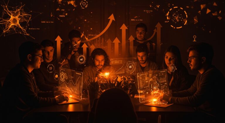 Startup latinoamericana colaborando con interfaces digitales que representan la adopción y retos éticos de la inteligencia artificial generativa en negocios.