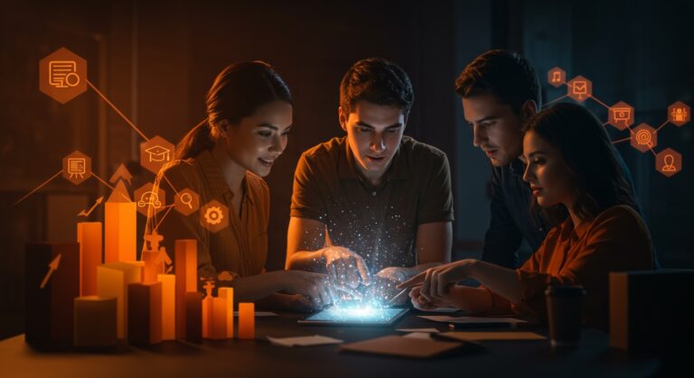 Equipo de emprendedores EdTech colaborando en soluciones digitales para la crisis educativa y la alfabetización en Estados Unidos.