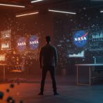 Fundador tech frente a hologramas de NASA representando gestión del cambio, cultura organizacional e innovación en startups.