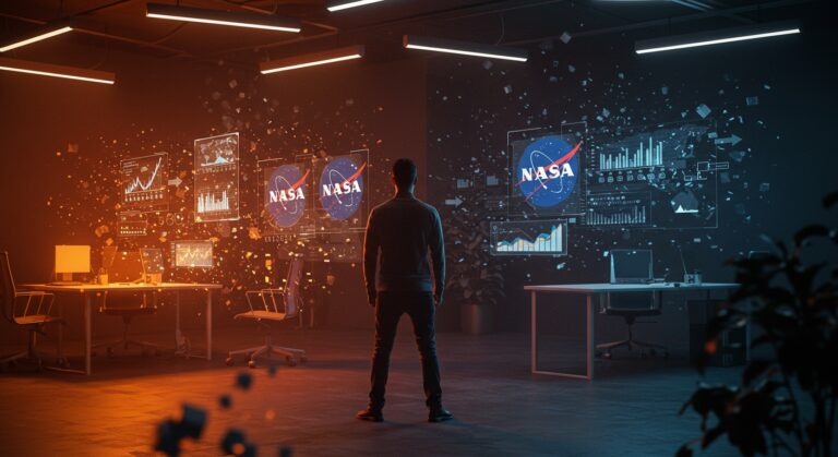 Fundador tech frente a hologramas de NASA representando gestión del cambio, cultura organizacional e innovación en startups.