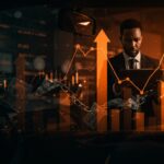 Crisis en préstamos automotrices con gráficos financieros y símbolos fintech en paleta naranja y negro, destacando el impacto en el mercado financiero y oportunidades de startups.