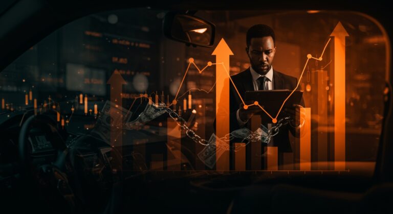 Crisis en préstamos automotrices con gráficos financieros y símbolos fintech en paleta naranja y negro, destacando el impacto en el mercado financiero y oportunidades de startups.